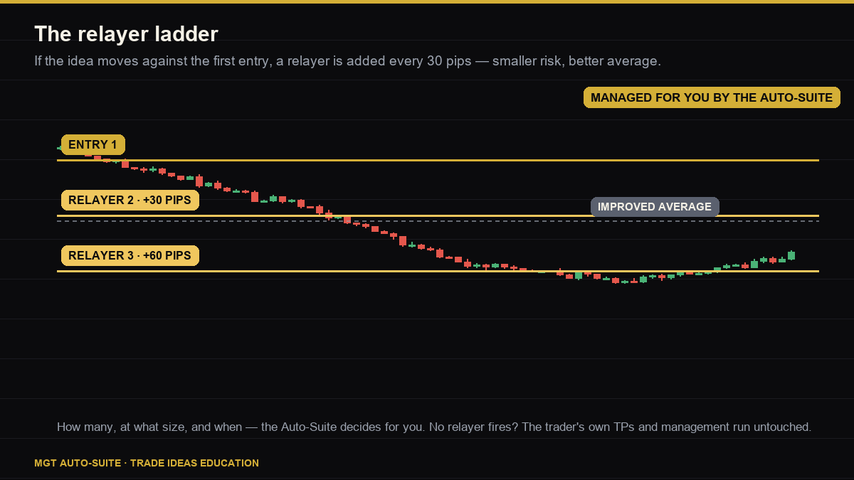 Relayer ladder chart: a relayer added every 30 pips against the first entry